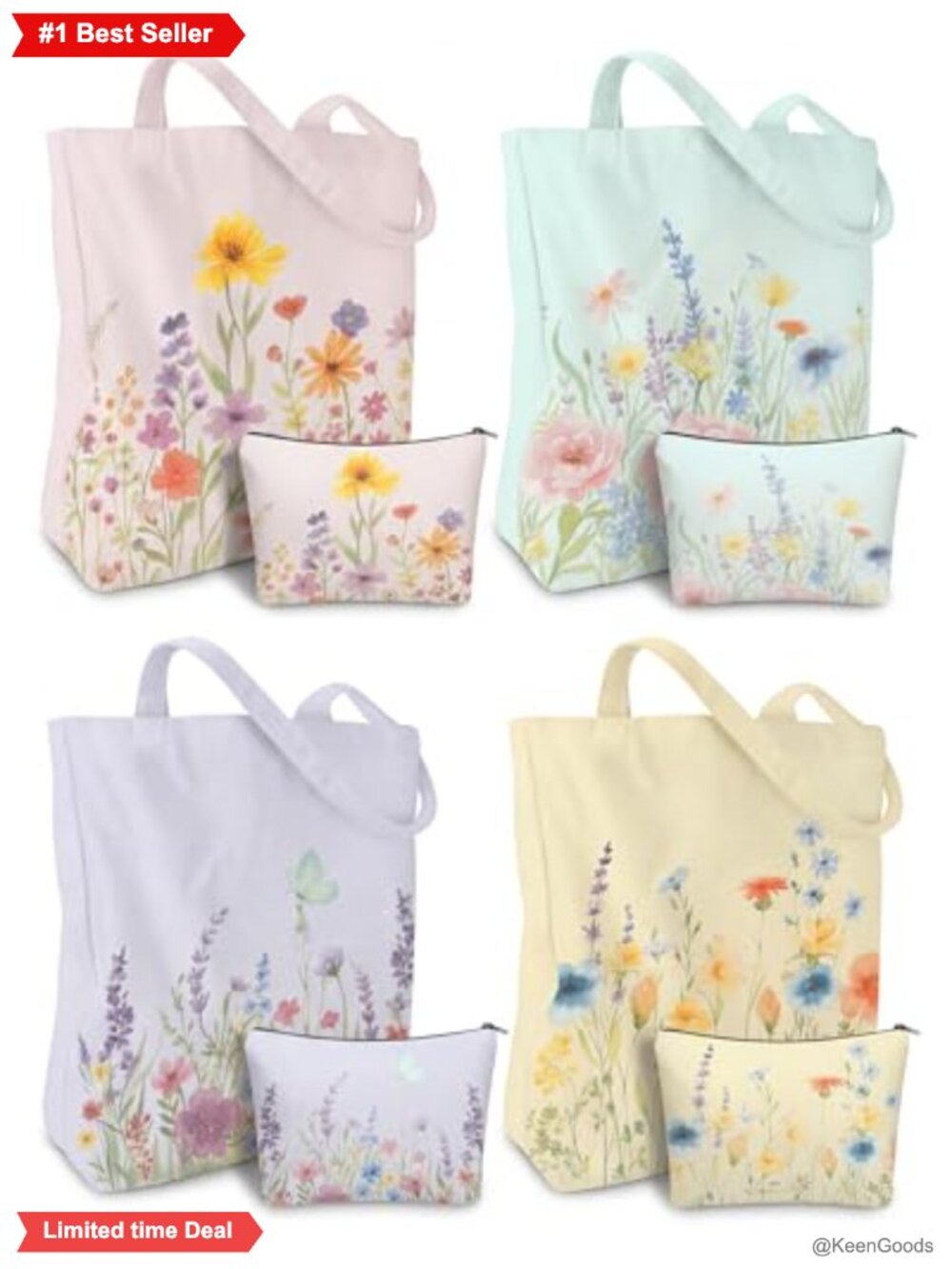 Floral Canvas Tote Bag Set Makeup Bags Reusable